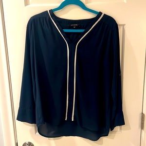 Preppy Navy Blouse with White Piping, Size Small